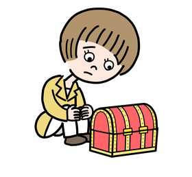 宝箱の前にすわる女の子のイラスト